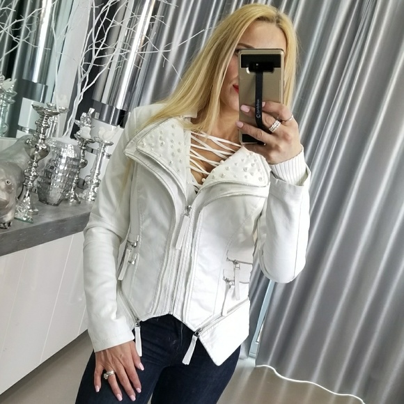 JACKET WHITE FAUX LEATHER PEARLS JACKET - Picture 2 of 4